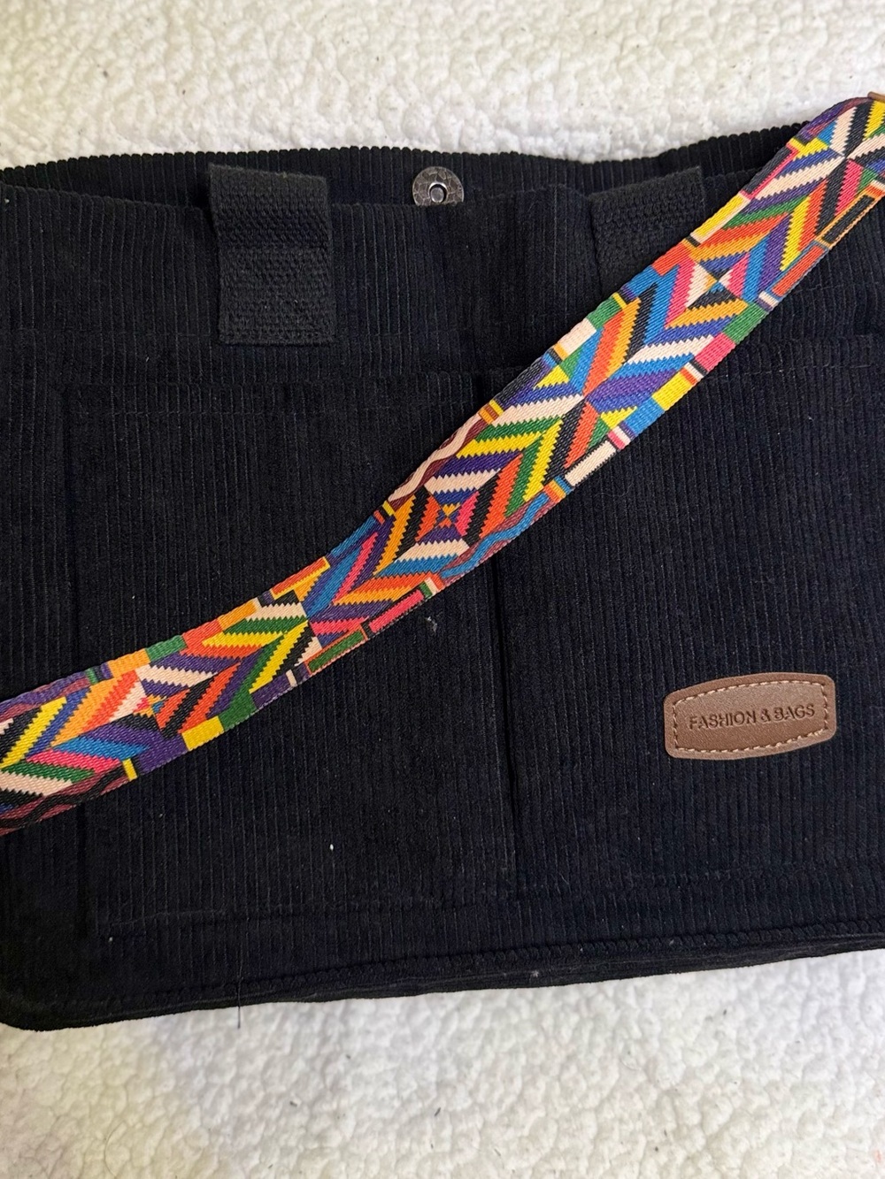 Black Corduroy Crossbody Bag with Multicolor Strap
